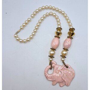 Vintage Pink Elephant Beaded Necklace With Faux Pearl & Gold Accents